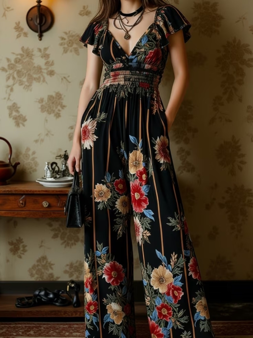 Smocked Waist Floral Wide-Leg Jumpsuit in Black